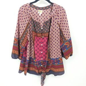 Fig and Flower‎ Blouse Womens 1X Pink Colorful Button Down Floral Tie Front Boho